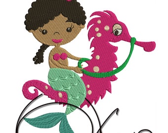 MACHINE EMBROIDERY FILE - Mermaid 2 Size African American girl on a sea horse