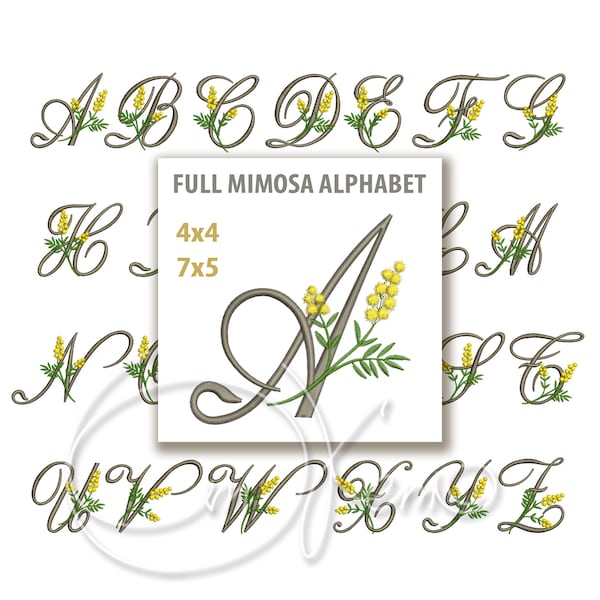 Machine Embroidery Design Mimosa Alphabet Capital Letter Rustic style 4x4 7x5 Monogram jef pes hus sew exp pcs dst vp3 xxx