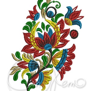 Könnte beinhalten: Ein farbenfrohes gesticktes Blumenmuster mit roten, gelben, blauen und grünen Blüten. Das Design zeigt ein stilisiertes Blumenmotiv mit filigranen Details.