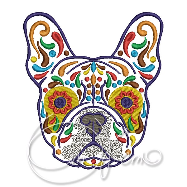 Conception de broderie de machine - calavera Dog PES Téléchargement instantané 4x4 7x5 6x10 Calavera Français Bulldog Dia de los muertos Design mexicain