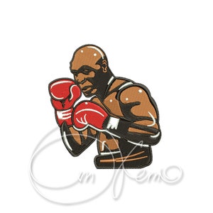 以下が含まれることがあります： 赤いボクシンググローブと黒いショートパンツを着用したボクサーの刺繍パッチ。ボクサーは褐色の肌で、戦闘態勢をとっています。