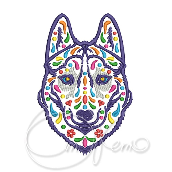 Machine embroidery design - Calavera Husky Dog PES Instant download 4x4 7x5 6x10 Mexican design