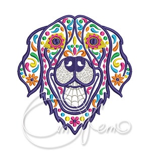 May include: A colorful, embroidered design of a dog's face in the style of a Day of the Dead sugar skull. The dog's face is purple, with yellow, orange, pink, and green floral details.
