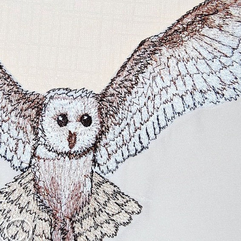 May include: A white and brown embroidered barn owl with its wings spread out. The owl is facing the camera with its eyes open.