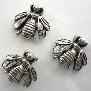 Small metal antique silver bumble bee push pins, set of 15