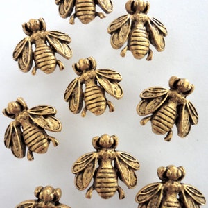 Small metal antique gold bumble bee push pins, set of 15