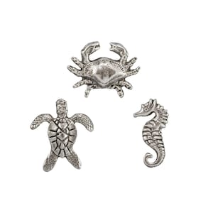 Ocean Push Pins, Decorative Push Pins, Sea Life Push Pins, Turtle, Crab & Seahorse, Bulletin Board Pins, Coastal Pins, 15pc, Antique Silver