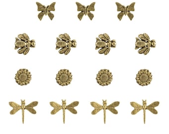 Springtime Push Pins (10 Pc Set) | Decorative Bronze Flower Nature Thumb Tacks Rustic Farmhouse Desk Gift