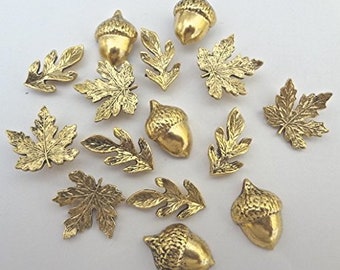 Leaf Push Pins, Fall Thumbtacks, Acorn Push Pins, Maple Leaf Push Pins, Gold Push Pins, Gold Desk Decor, Metal Push Pins,15pcs, Antique Gold