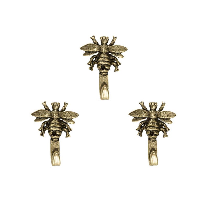 Mini Bee Hooks for Wall, Bumblebee Picture Hangers, Decorative Jewelry Hooks, Nature-Inspired Home Decor, Set of 3, Silver or Gold Finish image 1