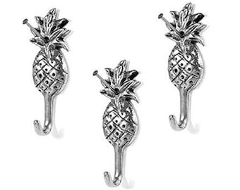 Pineapple Wall Hooks, Tropical Home Decor, Coastal Gold Hooks, Decorative Jewelry and Key Hooks, 3pcs Small Wall Hangers, Antique Silver