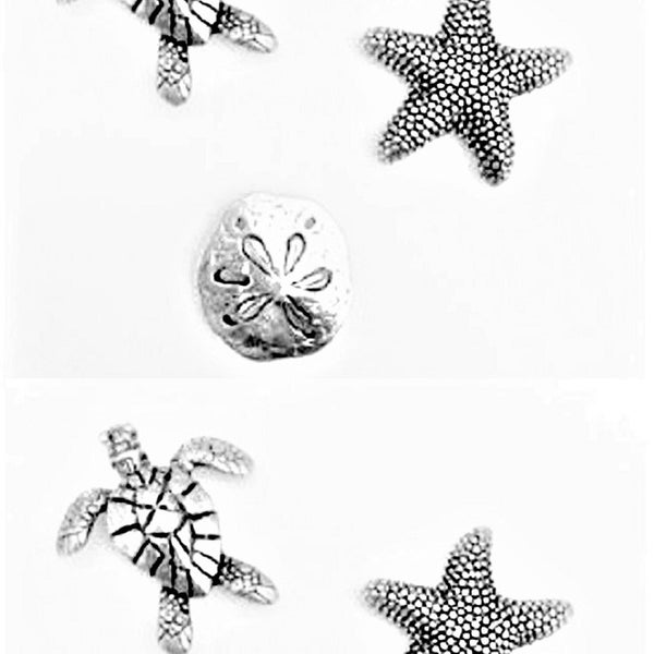 Sea Life Magnets, Turtle Magnets, Starfish Magnets, Sand Dollar Magnets, Coastal Home Decor, Beach Kitchen Decor, 6pcs, Antique Silver