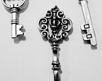 Vintage Key Push Pins (10 Pc Set) | Decorative Silver Skeleton Key Thumb Tacks, Steampunk & Antique Office Supplies