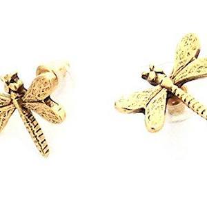Dragonfly Earrings, Post Back, Gold Finish, Solid Metal