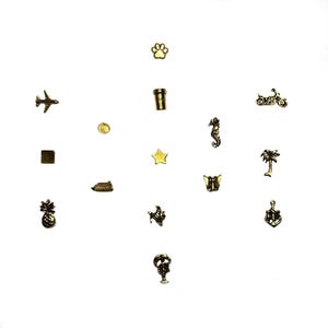 May include: A collection of small, gold-colored charms in various shapes, including a paw print, airplane, coffee cup, motorcycle, seahorse, star, palm tree, and anchor. The charms are scattered against a white background.