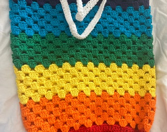 Large Rainbow cotton bag/crochet bag/market bag/overnight bag