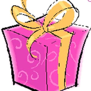 May include: A pink gift box with a yellow ribbon and bow. The box has a decorative swirl pattern. The ribbon is tied in a bow on top of the box. The gift box is a square shape.