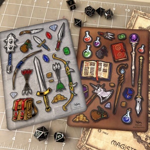 May include: Three sheets of stickers featuring fantasy role-playing game items. The first sheet has a gray background and features a variety of weapons, including swords, bows, and arrows. The second sheet has a brown background and features a variety of magical items, including potions, wands, and a book. The third sheet is a map of a dungeon with a brown background and a grid pattern.