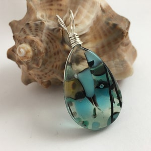 Tranquil Blues ~ Fused art glass &quot;pebble&quot; pendant with silver filled non-tarnish wire