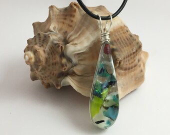 Tranquil Blues ~ Fused art glass pebble pendant with silver filled non-tarnish wire