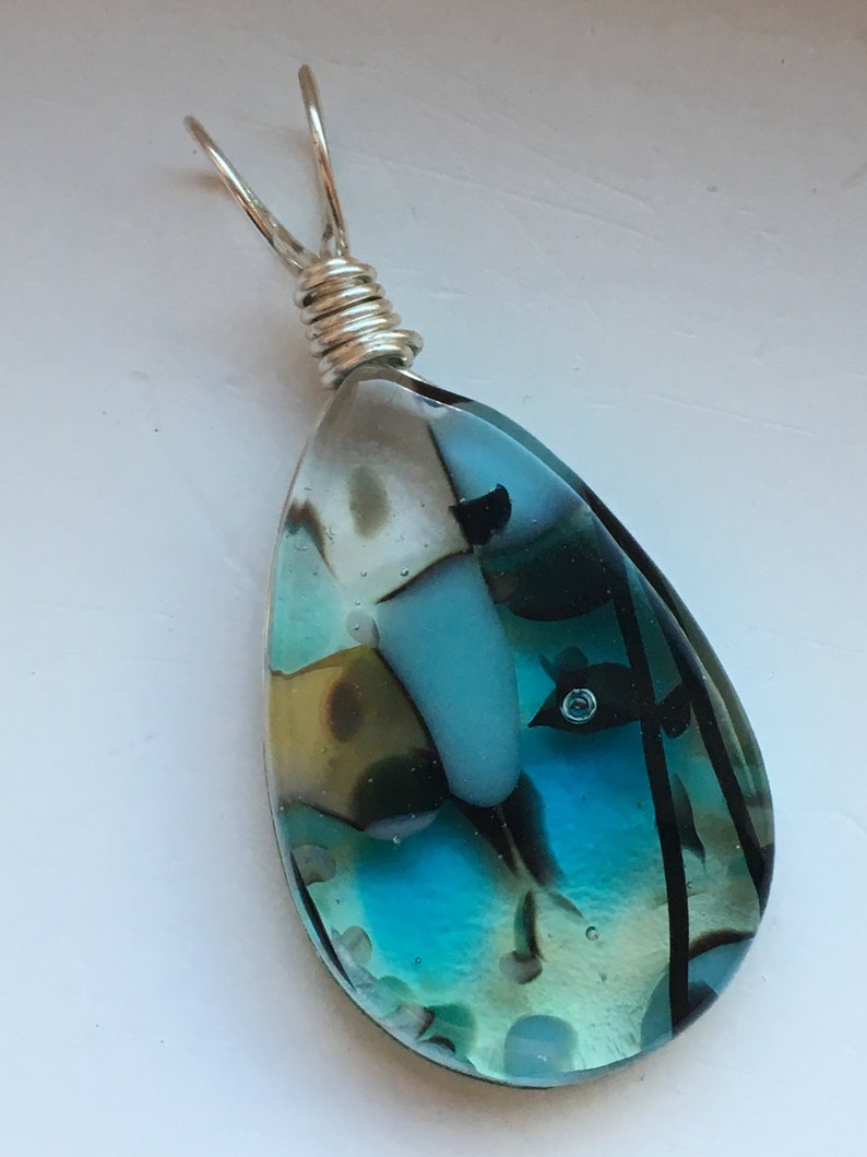 Tranquil Blues ~ Fused art glass pebble pendant with silver filled non-tarnish wire