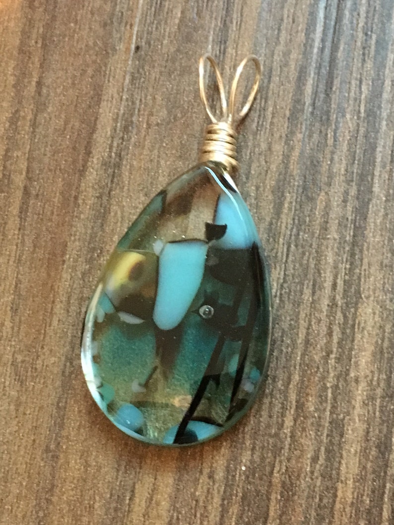 Tranquil Blues ~ Fused art glass pebble pendant with silver filled non-tarnish wire