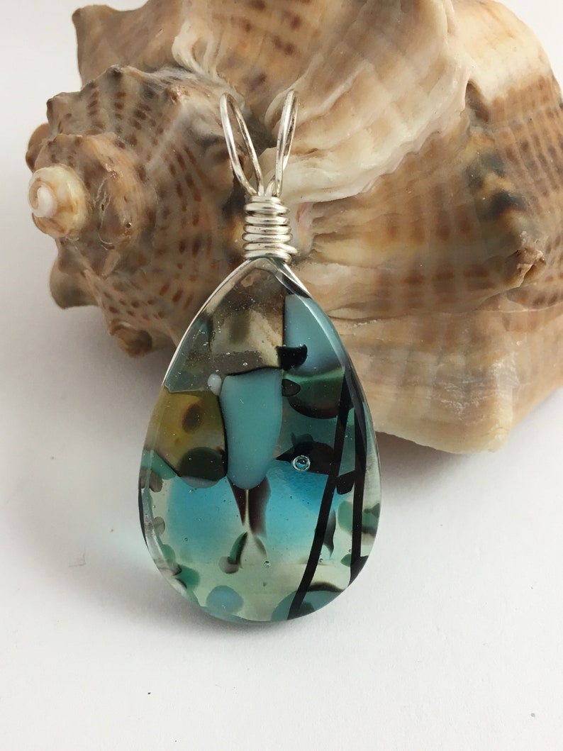 Tranquil Blues ~ Fused art glass pebble pendant with silver filled non-tarnish wire