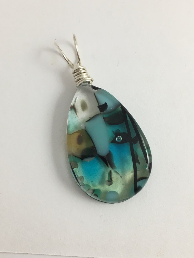 Tranquil Blues ~ Fused art glass pebble pendant with silver filled non-tarnish wire