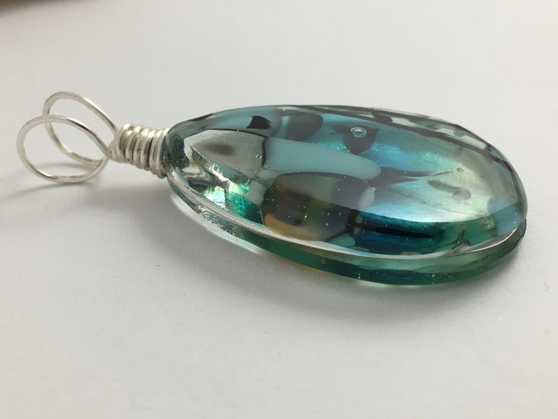 Tranquil Blues ~ Fused art glass pebble pendant with silver filled non-tarnish wire