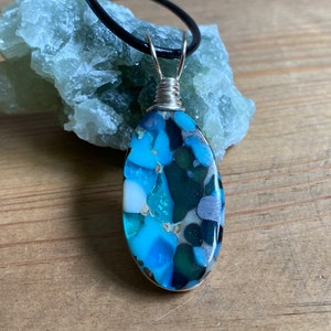 Tranquil Sea ~ Fused art glass &quot;pebble&quot; pendant with non tarnish silver filled wire wrap ~