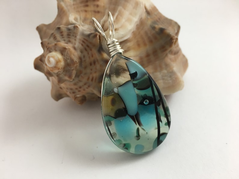 Tranquil Blues ~ Fused art glass pebble pendant with silver filled non-tarnish wire