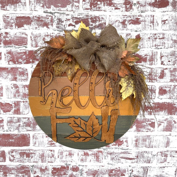 Fall wreath, Fall Door Hanger, Round wooden door hanger,  Welcome sign, Hello sign, Front Door wreath, Front door decor,  Fall Porch Sign