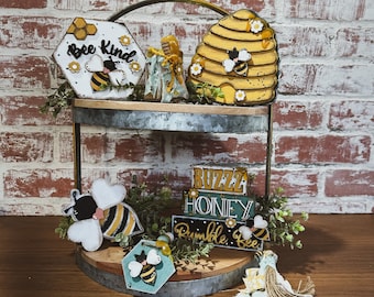 Tiered tray decor, Bee tiered tray, tiered tray bundle, farmhouse decor, coffee bar decor, honey bee, bee gifts, bee, tiered tray, shelf