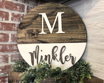 Last name sign, wood family name sign, Personalized round name sign, circle last name sign