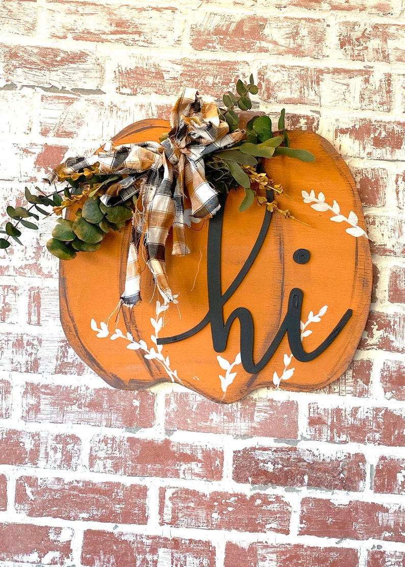 Fall Porch sign, Pumpkin Decor, housewarming gift, Hello sign, Laser Cut lettering, Farmhouse sign image 1
