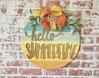 Summer wreath, Summer door hanger, Round wooden door hanger,  Welcome sign, Hello sign, Front door wreath, front door decor