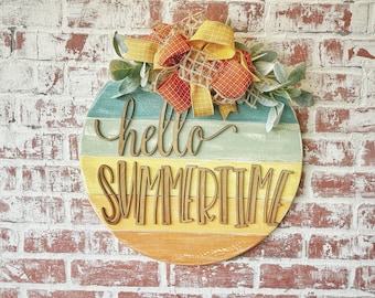 Summer wreath, Summer door hanger, Round wooden door hanger,  Welcome sign, Hello sign, Front door wreath, front door decor