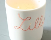 Welcome porcelain tealight holder for baby born custom embroidered name