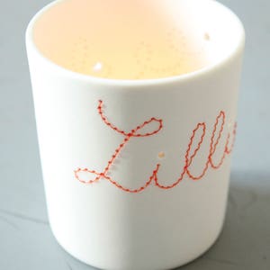 Welcome... // porcelain tealight holder for baby born // custom embroidered name