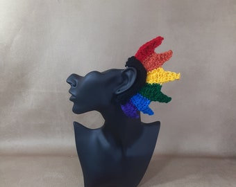 Crochet ear cuffs, rainbow flame, piercing free earrings, gay pride LGBT.