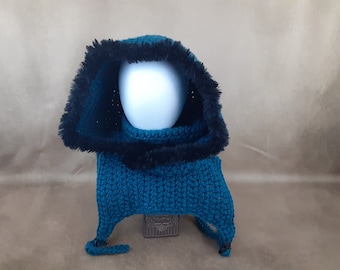 Crochet matrix hood, teal and black gender neutral winter hood with fur