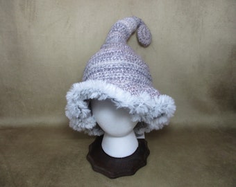 Crochet Witch Hat with fur brim - light pink white witch hat curly quirky witchcore pastel goth aesthetic hedgewitch