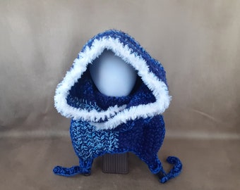 Crochet matrix hood, blue color block  gender neutral winter hood with fur