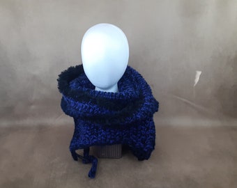 Crochet matrix hood, black and blue glitter gender neutral winter hood with fur