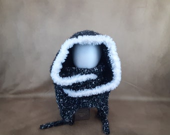 Crochet matrix hood, urban camo  gender neutral winter hood with fur