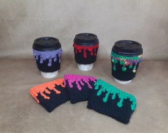 Ooze coffee cup cozy, reusable, crocheted handmade bespoke custom knit look