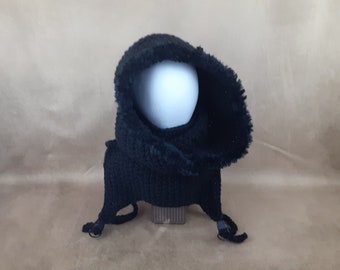 Crochet matrix hood, black glitter gender neutral winter hood with fur