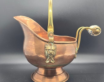 Copper Scuttle Bucket with Brass and Porcelain Handle