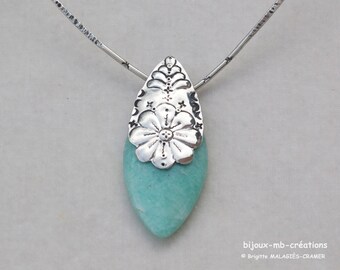 Pendant in AMAZONITE & SILVER solid embossed, chiseled - Unique jewel - Entirely handmade - For Her