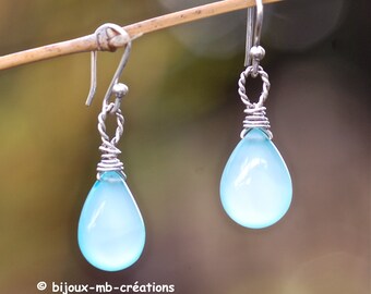 Earrings in very beautiful Drop of Aqua CALCEDONY blue & solid SILVER. Wire wound. Handmade Wrap Jewelry-MB-Creations. For her